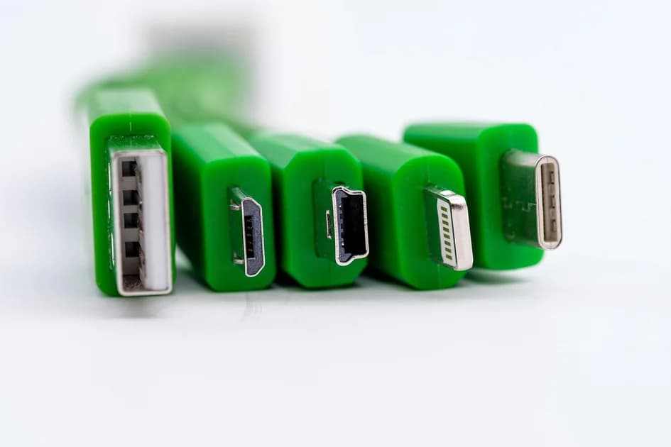 Five different cable plugs in a row, from USB-A to USB-C